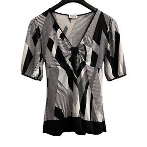 Vintage MKM Designs Baby Doll Top Women M Black Geometric Jersey Knit Tie Y2K 90